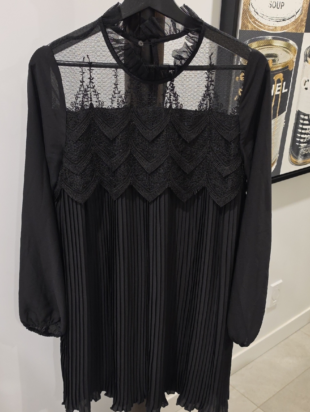 English Factory Black Lace Yoke Pleated Long-Sleeve Dress